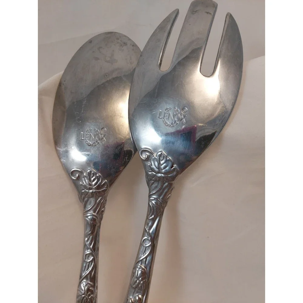 Vintage Lenox Salad Spoon Fork Server Set Aluminum Grapes Leaves 11.5”